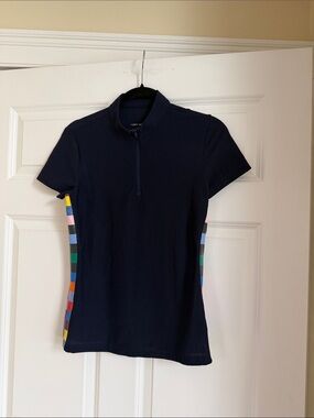 Tory Sport Navy Textured Short Sleeve Quarter-Zip Top